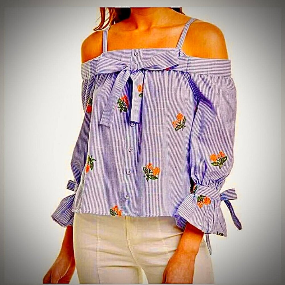 NWT JOA Boho Chambray Stripe Blouse Embroidered Floral Cold Shoulder S, M